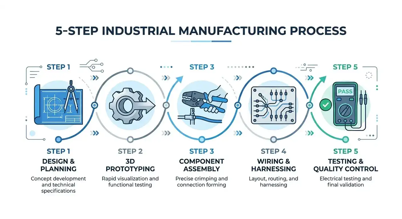 The 5-step quality manufacturing process at Harness Techniques, the reliable appliance wiring harness manufacturer in India.